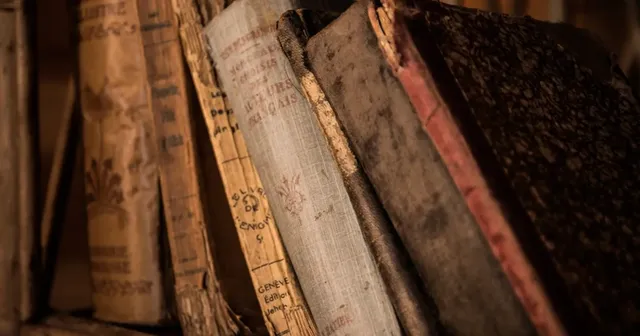 A shelf of antique books, evoking the archive and literary recovery.